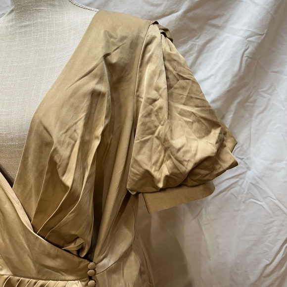 ASOS Structured Drape Wrap Mini Puff Sleeve Tan Dress Size 14 - Picture 8 of 13